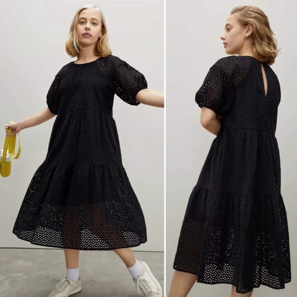 EVERLANE The Tiered Eyelet Dress in Black Puff Sleeve Midi Sheer Size XS NEW